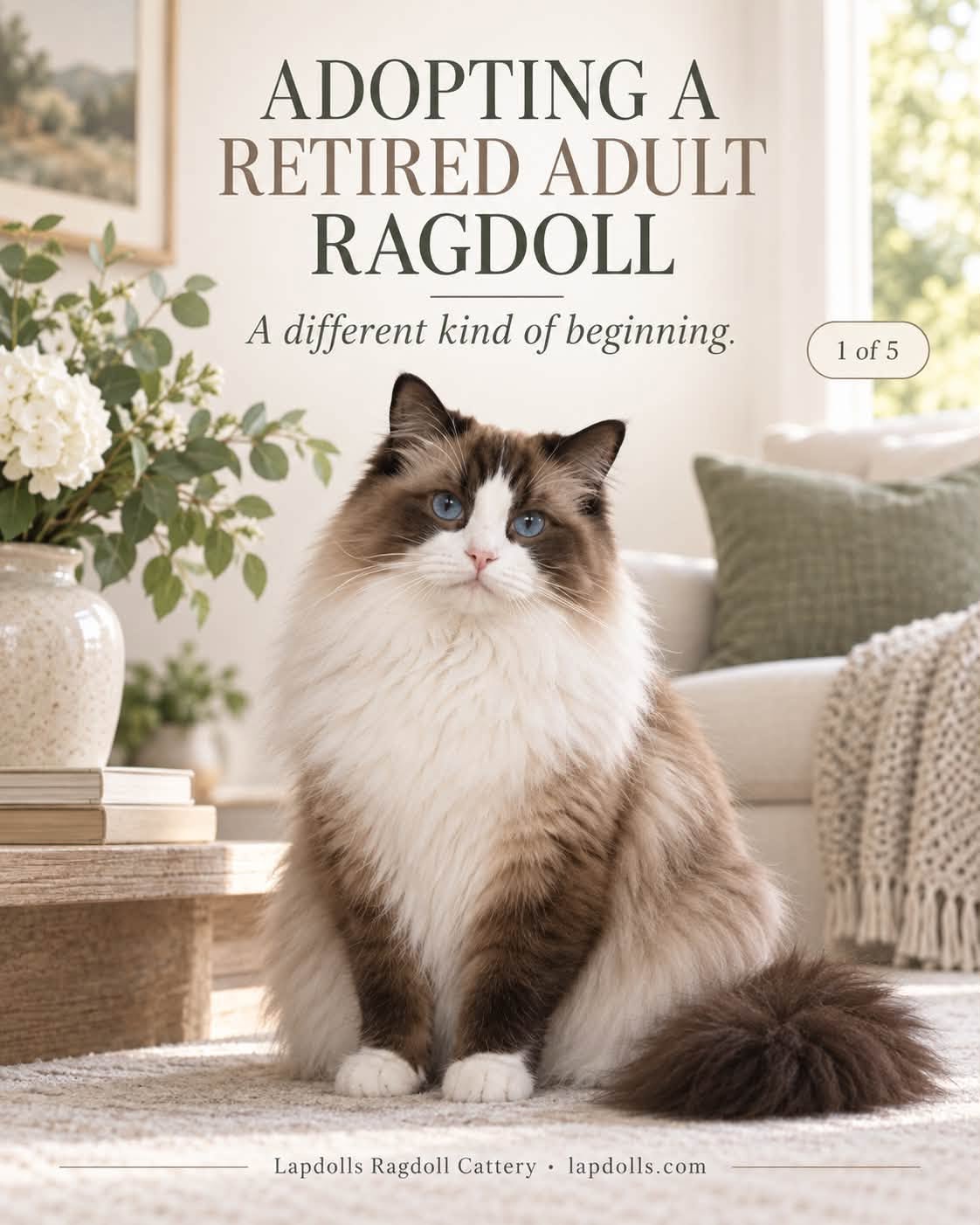 Ragdoll cat sitting in a bright living room, with the title Adopting a Retired Adult Ragdoll