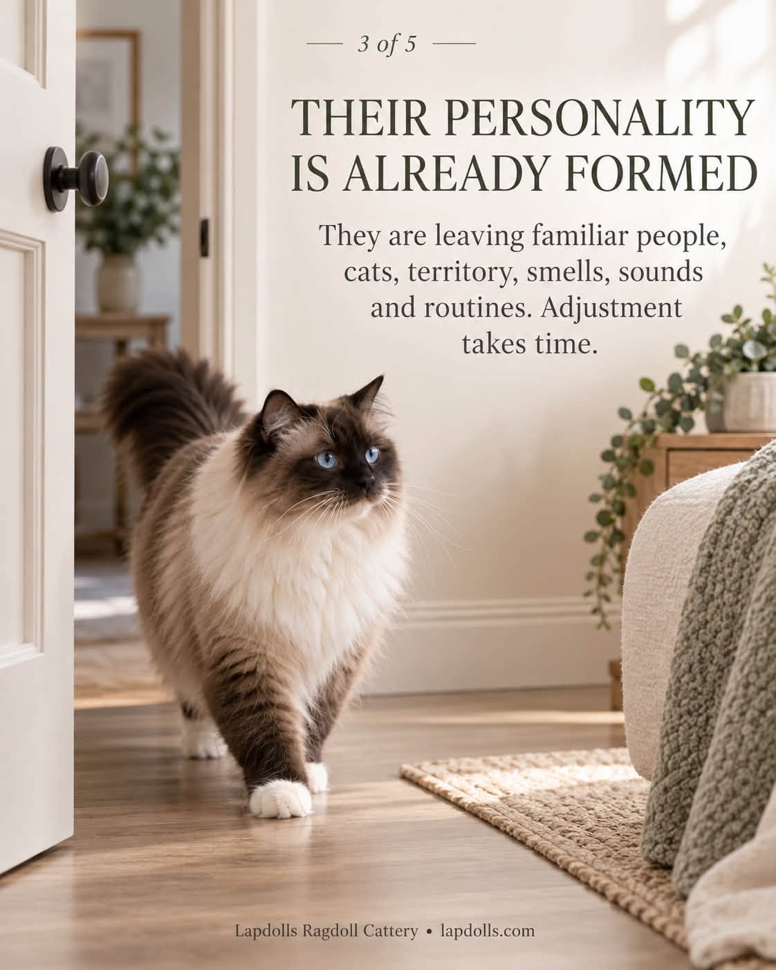 Ragdoll cat walking through an open doorway into a new room