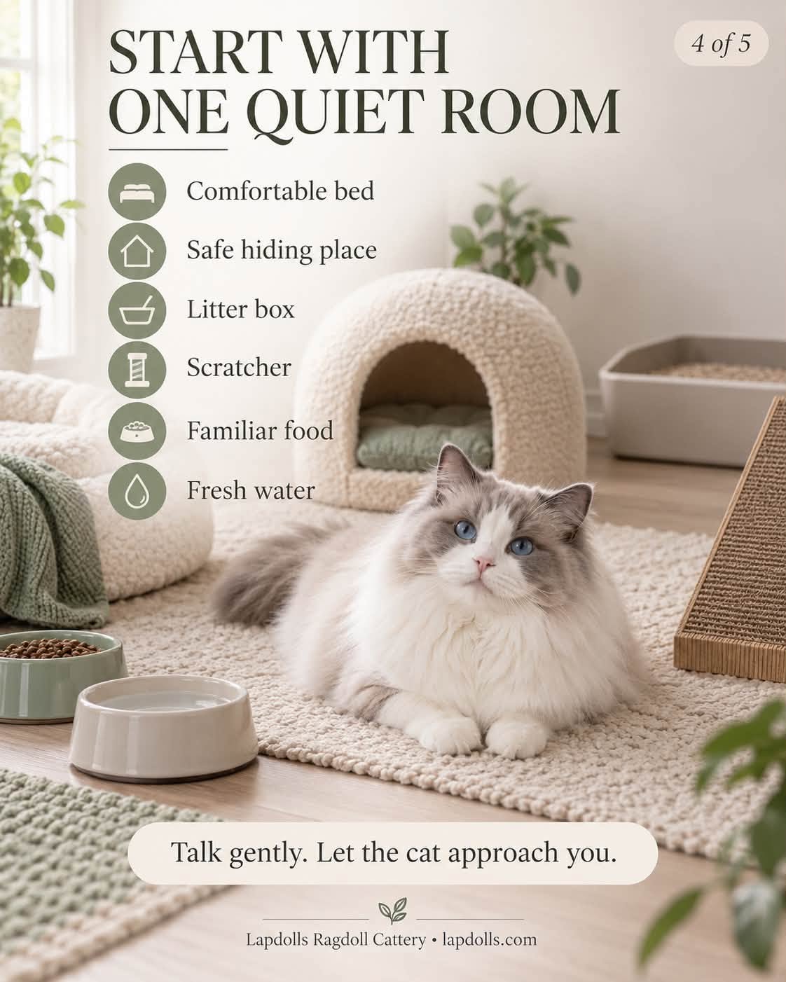 Ragdoll cat resting on a rug in a quiet room set up with a bed, hiding place, litter box, scratcher, food and water